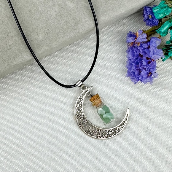 Green Aventurine moon and potion bottle necklace - Picture 2 of 4